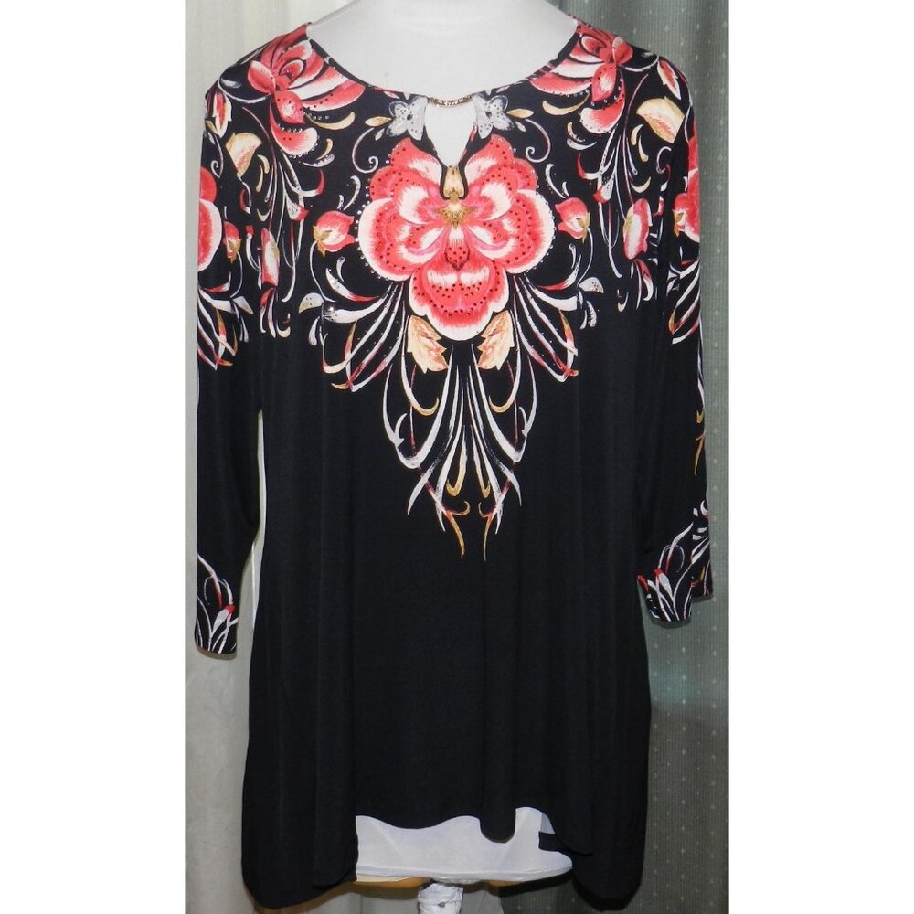 NWT JM Collection size 2X stretch blend black floral top embellished plus size